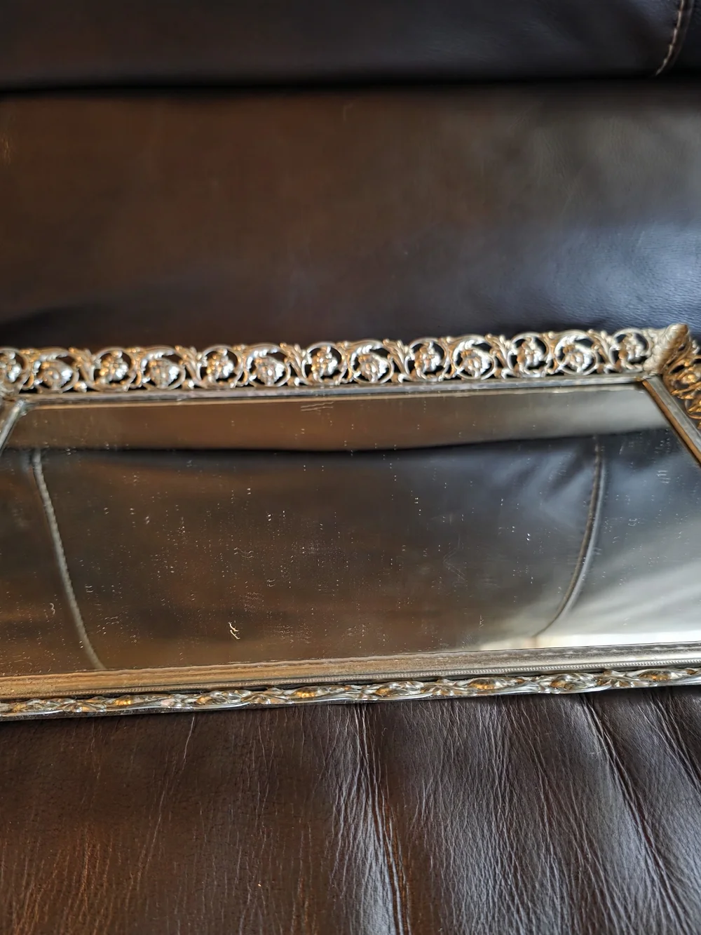 Vintage Ornate Metal Filigree Mirrored Vanity Tray Rectangular Floral Scroll